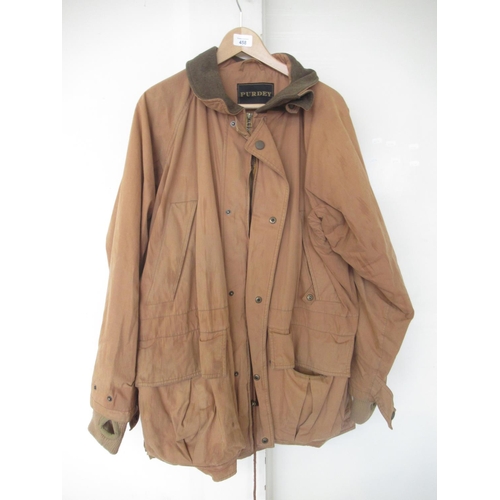 458 - XXL Purdey tan-coloured shooting jacket in good condition with some light fading and water staining