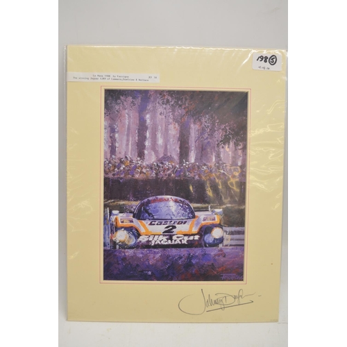 198 - Michael Turner - Jaguar XJ13 on test run, signed Norman Dewis, 22cm x 17cm; Ferrigno - Jaguar XJR9 L... 