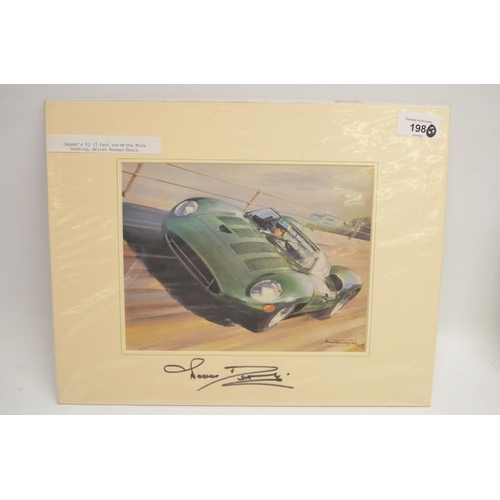 198 - Michael Turner - Jaguar XJ13 on test run, signed Norman Dewis, 22cm x 17cm; Ferrigno - Jaguar XJR9 L... 