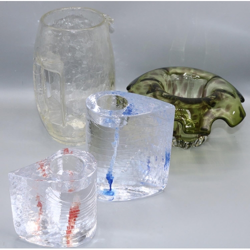 617 - Two Kosta Boda Sweet Heart glass candle holders, max. H15cm; clear crackle glass jug in the style of... 