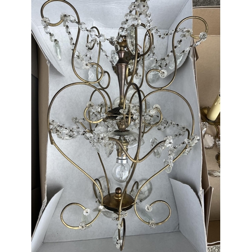 1169 - Three vintage brass effect pendant light fittings with glass drops