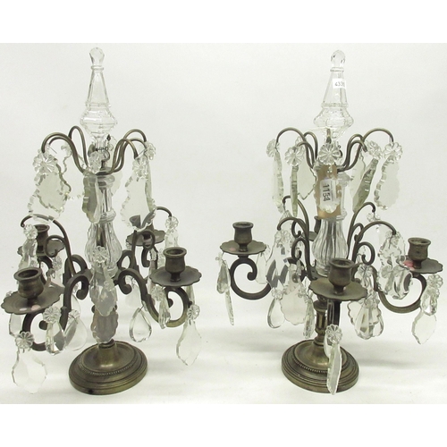 1170 - 20th century Continental, pair of brass and lead electric crystal candelabra, four scroll arms, H45c... 