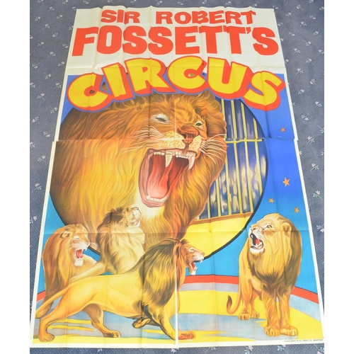 Large four piece W.E.Berry billboard advertising poster for Sir Robert Fossett's Circus, overall size approx 304x93cm, good overall condition, some minor tears at some fold junctions, edge wear etc