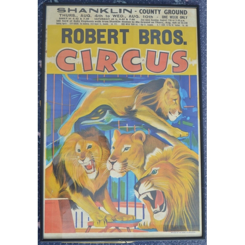 Framed glass fronted W.E.Berry advertising poster for Robert Bros. Circus, Shanklin County Ground (no year shown), 77.6x52.5cm, good condition for age, some small holes/wear etc, please refer to photos