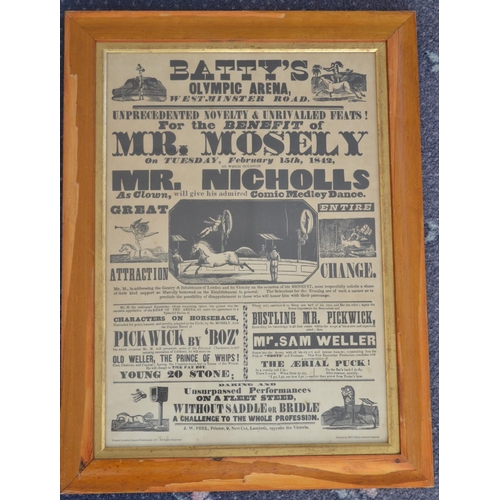 Framed glass fronted attractive black and white printed advertising poster for Batty's Circus, Olympic Arena 1842, printed by PRT Offset Limited England, 47.5x63.5cm (please note frame condition poor)