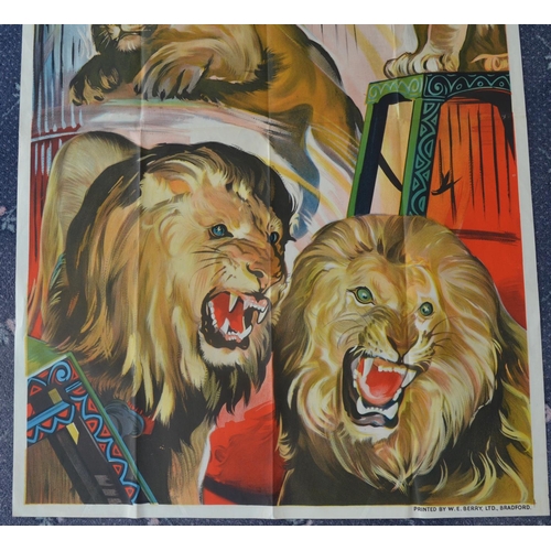 7 - Large W.E.Berry circus poster featuring lions, no circus name, 152x101cm