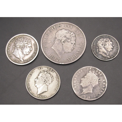 662 - George III 1817 Half-Crown, 1817 Shilling, 1817 Six Pence, 1826 Shilling and 1 other shilling