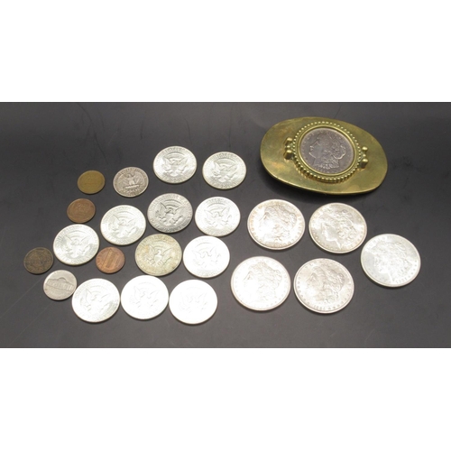 668 - 1921 US dollar coin in brass belt mount, 1902 US dollar (x2), 1921 US Dollar, 1884 US Dollar, 1885 U... 