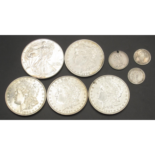 669 - 1999 1oz US Fine Silver One Dollar, 1883 US $1, 1887 US $1 (x2), 1900 US $1, 1887 Six Pence, 1884 Th... 