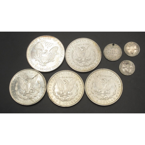 669 - 1999 1oz US Fine Silver One Dollar, 1883 US $1, 1887 US $1 (x2), 1900 US $1, 1887 Six Pence, 1884 Th... 