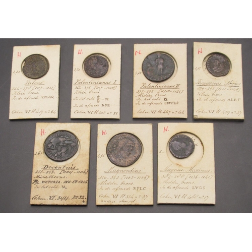 Collection of copper Roman coins in individual card holders from Emperor's Valens, Valentinianus I & II, Theodosiasis Magnus, Decentius, Magnentius and Magnus Maximus (7)