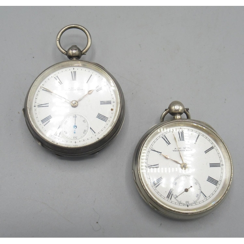 504 - Waltham Mass, Victorian silver key wound pocket watch, signed white enamel Roman dial, subsidiary  s... 