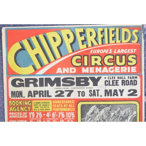 58 - Vintage W.E.Berry Chipperfield's Circus and Menagerie event advertising poster, Grimsby, featuring J... 