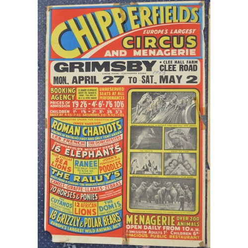 59 - Two vintage W.E.Berry Chipperfield's Circus event advertising posters, Grimsby (both with 1953 writt... 