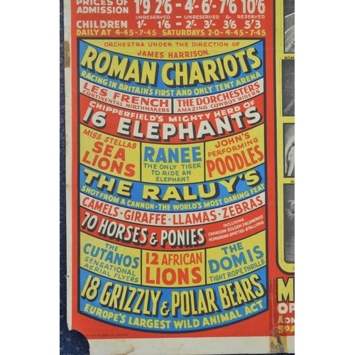 59 - Two vintage W.E.Berry Chipperfield's Circus event advertising posters, Grimsby (both with 1953 writt... 