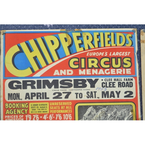 59 - Two vintage W.E.Berry Chipperfield's Circus event advertising posters, Grimsby (both with 1953 writt... 