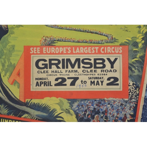 59 - Two vintage W.E.Berry Chipperfield's Circus event advertising posters, Grimsby (both with 1953 writt... 