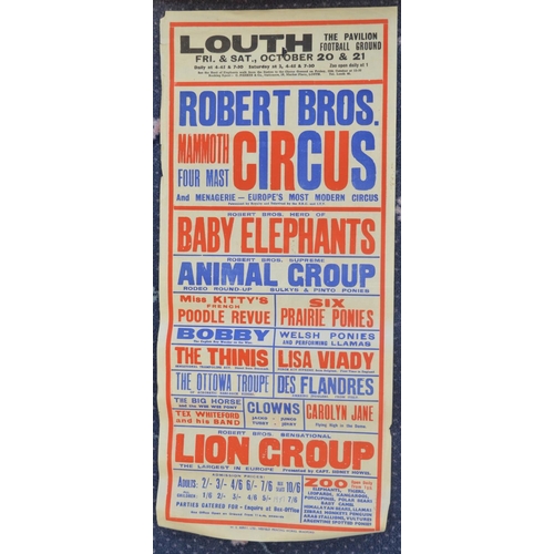 64 - Four Robert Bros Circus event advertising posters (3 by W.E.Berry), larger examples approx 50.5x76cm... 