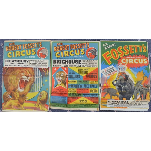 66 - Three vintage W.E.Berry Sir Robert Fossett's Circus event advertising posters for Dewsbury, Brighous... 