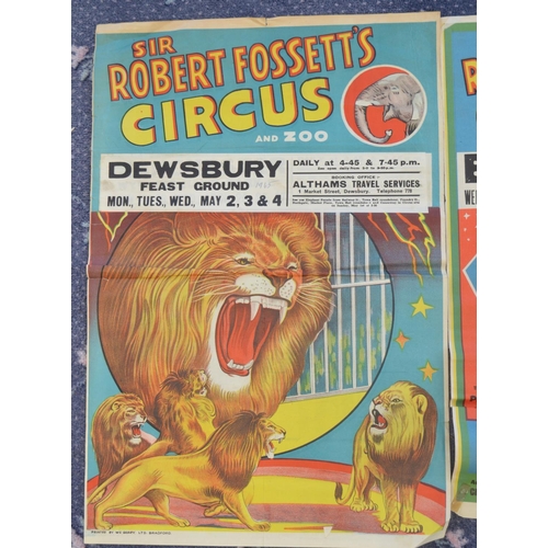 66 - Three vintage W.E.Berry Sir Robert Fossett's Circus event advertising posters for Dewsbury, Brighous... 