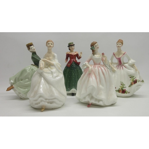 1044 - Royal Doulton figures, Grace HN2318, H20cm. Holly HN3647, H21cm. Megan HN3306, H20cm. Country Rose H... 