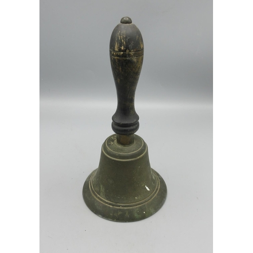 335 - WWII Auxiliary Service Home Front brass hand bell with turned wood handle, Broad Arrow, A.S. 1942, H... 