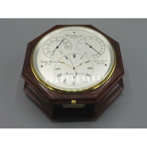 514 - Certina 'The Master's Collection' brass and mahogany quartz desk clock with date, signed silvered di... 