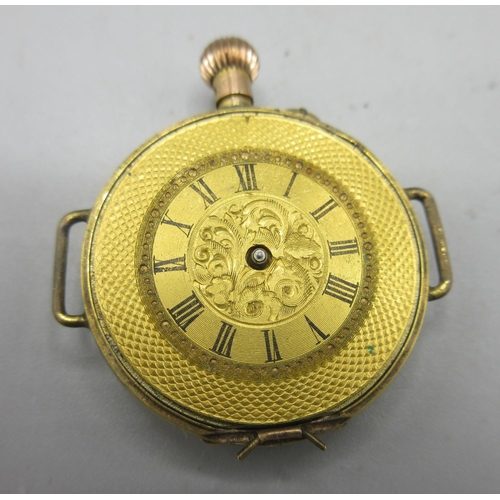 516 - D. F. & C. Swiss ladies 9cy gold pin set wristwatch converted from a fob watch, gold tone engine tur... 