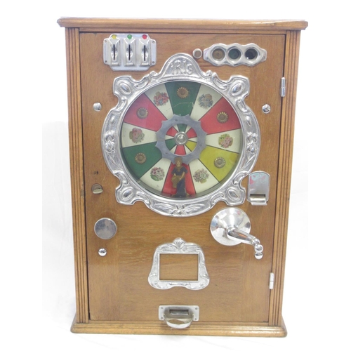 117 - Vintage oak cased 'Iris' penny slot machine, 50.5cm x 20cm x 71.5cm