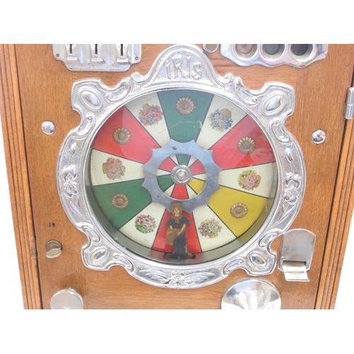 117 - Vintage oak cased 'Iris' penny slot machine, 50.5cm x 20cm x 71.5cm