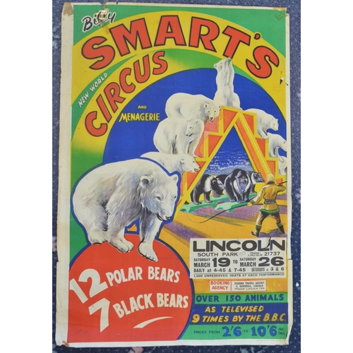 72 - Four vintage Billy Smart's Circus event advertising posters (1954-60) to include Scunthorpe, Newcast... 