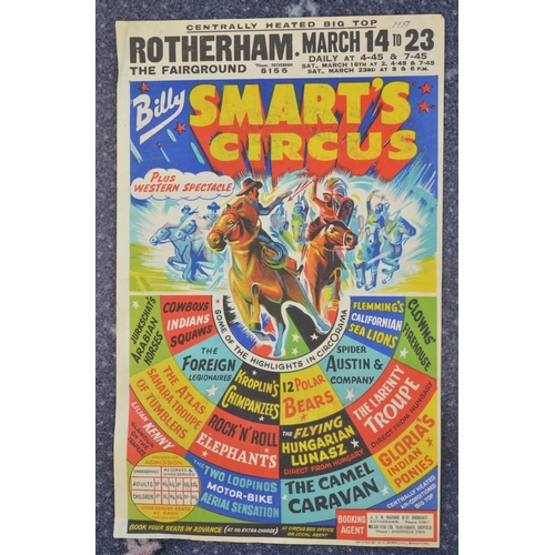 73 - Two vintage W.E.Berry Billy Smart's Circus event advertising posters (1950s) to include Scunthorpe a... 