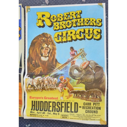 79 - Three vintage Robert Brothers Circus event advertising posters (1960s-1980) to include Huddersfield,... 