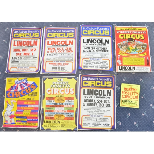 86 - Eight circus event advertising posters for Sir Robert Fossett's Circus (1960s-80's, includes a small... 