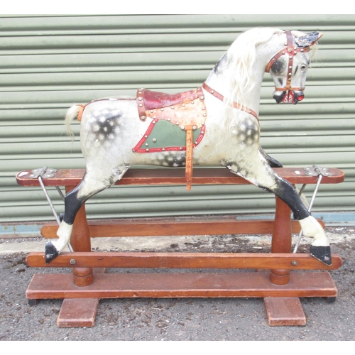 120 - F H Ayres: An Early 20th Century Dapple Grey Painted carved wood Rocking Horse, with brass-studded l... 