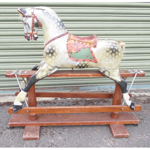 120 - F H Ayres: An Early 20th Century Dapple Grey Painted carved wood Rocking Horse, with brass-studded l... 