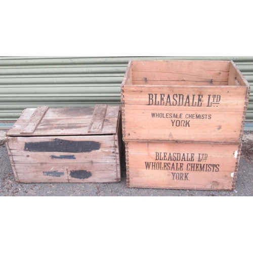 1237 - Two 'Bleasdale Ltd Wholesale Chemist York' wood crates and another wood crate