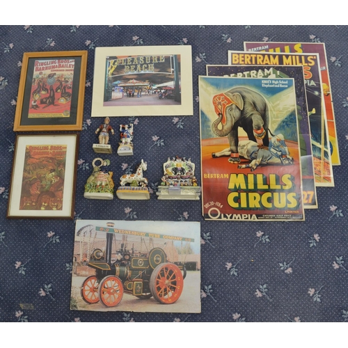 111 - Collection of modern reproduction circus/fairground related ephemera to include 5 ceramic sculptures... 