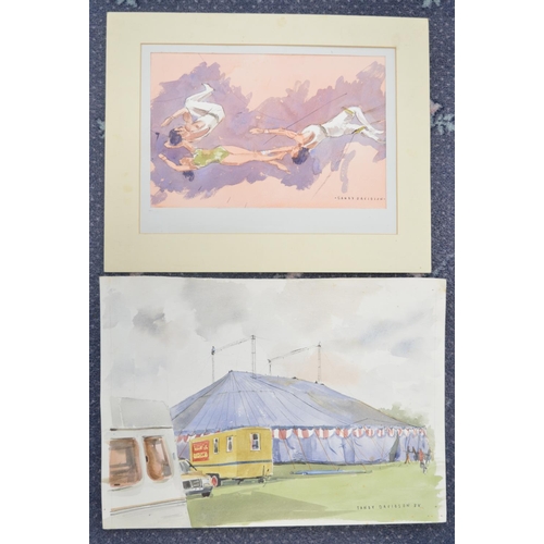 113 - Two original circus themed watercolours by known artist Sandy Davidson featuring trapeze artists (50... 