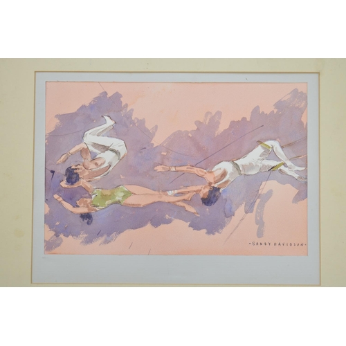 113 - Two original circus themed watercolours by known artist Sandy Davidson featuring trapeze artists (50... 