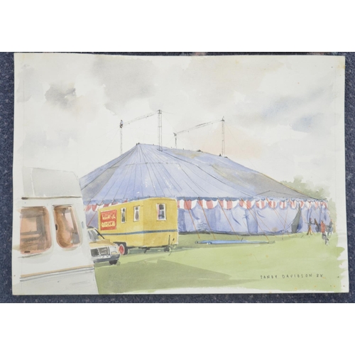 113 - Two original circus themed watercolours by known artist Sandy Davidson featuring trapeze artists (50... 