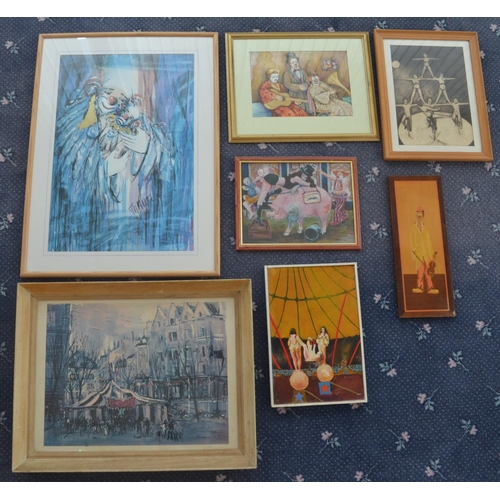 114 - Collection of circus related prints, largest example 69x94cm, an original oil on board picture 'Glob... 