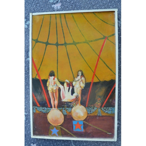 114 - Collection of circus related prints, largest example 69x94cm, an original oil on board picture 'Glob... 