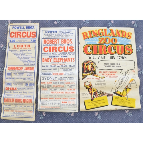 94 - Three vintage circus event advertising posters to include Ringland's Zoo Circus, Robert Bros and Pow... 