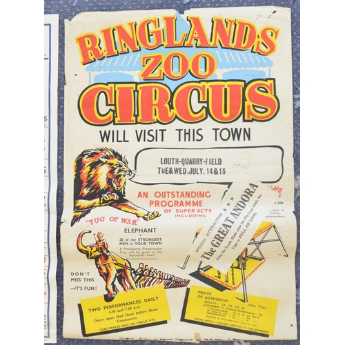 94 - Three vintage circus event advertising posters to include Ringland's Zoo Circus, Robert Bros and Pow... 