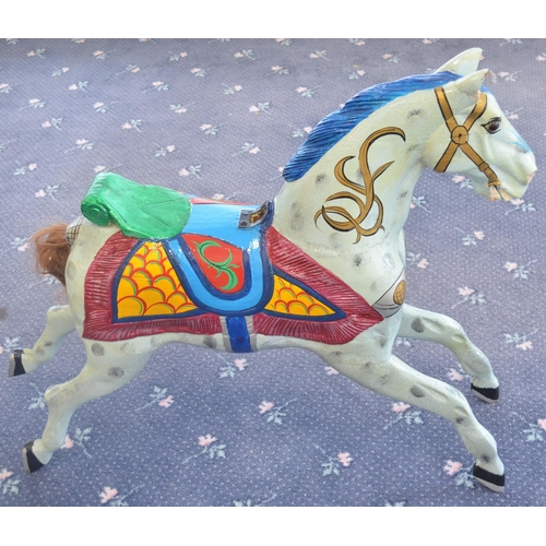 170 - Brightly painted vintage wooden carrousel horse 'Jake', appears carved from solid wood (heavy), dama... 