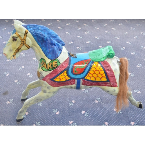 170 - Brightly painted vintage wooden carrousel horse 'Jake', appears carved from solid wood (heavy), dama... 