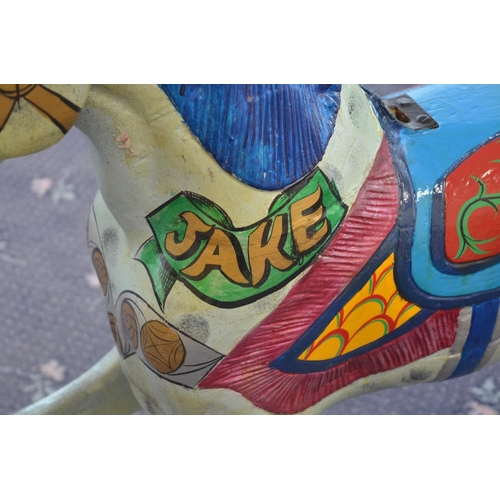 170 - Brightly painted vintage wooden carrousel horse 'Jake', appears carved from solid wood (heavy), dama... 