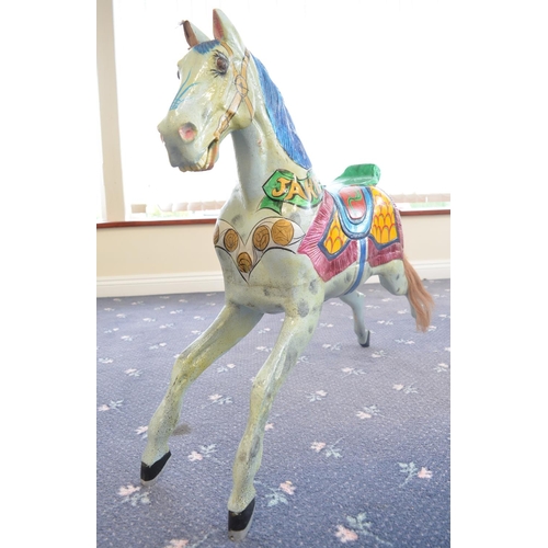 170 - Brightly painted vintage wooden carrousel horse 'Jake', appears carved from solid wood (heavy), dama... 