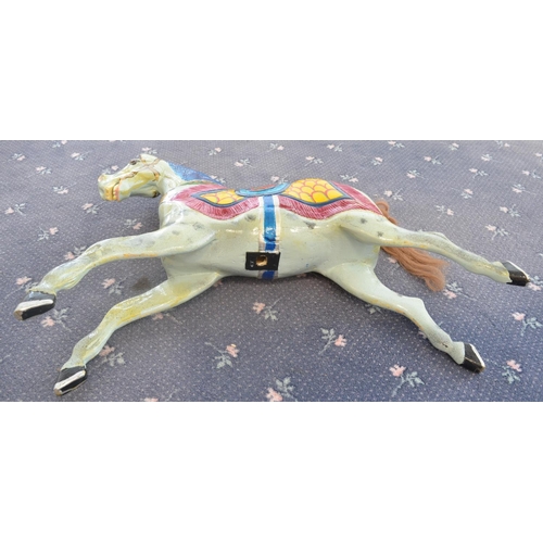 170 - Brightly painted vintage wooden carrousel horse 'Jake', appears carved from solid wood (heavy), dama... 